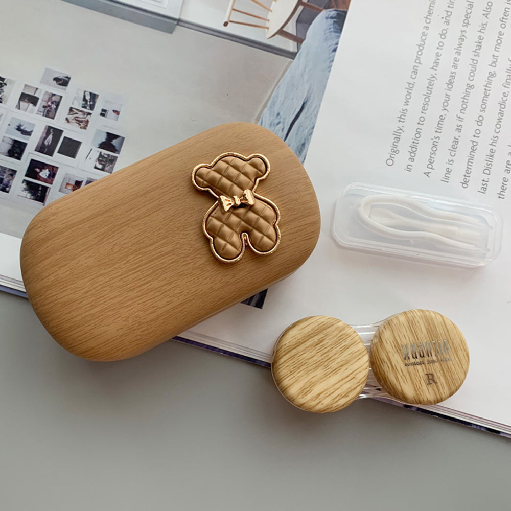 Little Bear Wooden Print Elegance Contact Lens Case Travel Kit-Lens Case-UNIQSO
